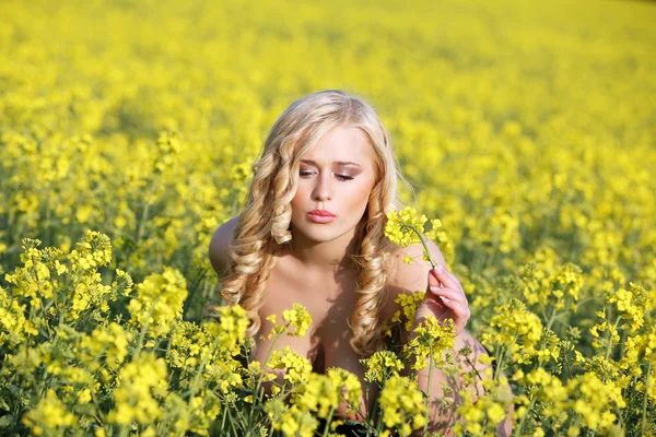 stock image Beautiful young blonde woman in a field of wildflowers.