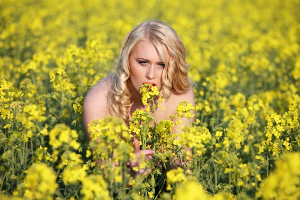 stock image Beautiful young blonde woman in a field of wildflowers.