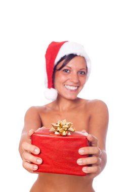 seksi üstsüz kadın ile santa şapka ve Noel hediyeleri