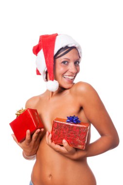 seksi üstsüz kadın ile santa şapka ve Noel hediyeleri