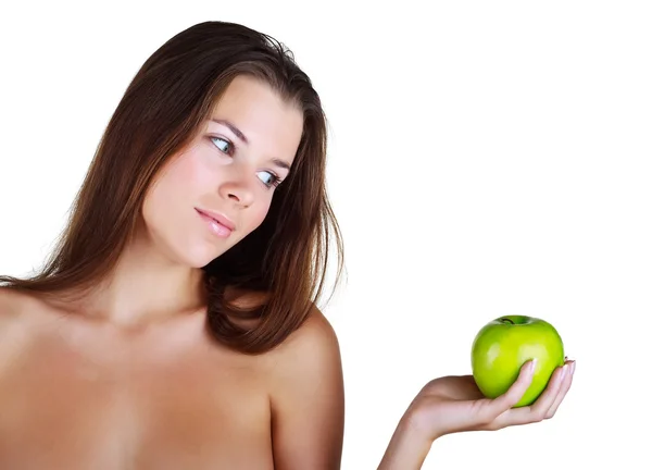 stock image Beautiful girl holds in a hand green apple